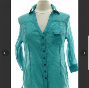 EUC turquoise blue 2B womens see thru blousse